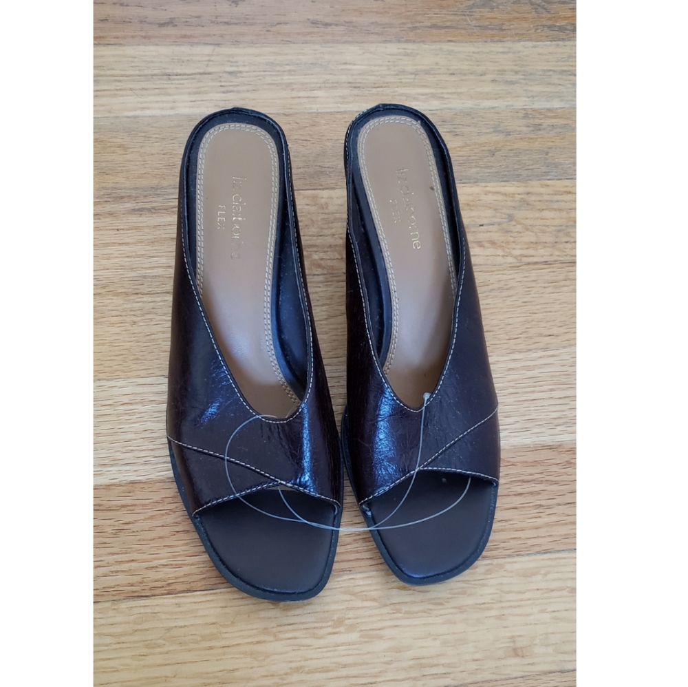Brown Leather Peep-Toe Liz Claiborne Mules